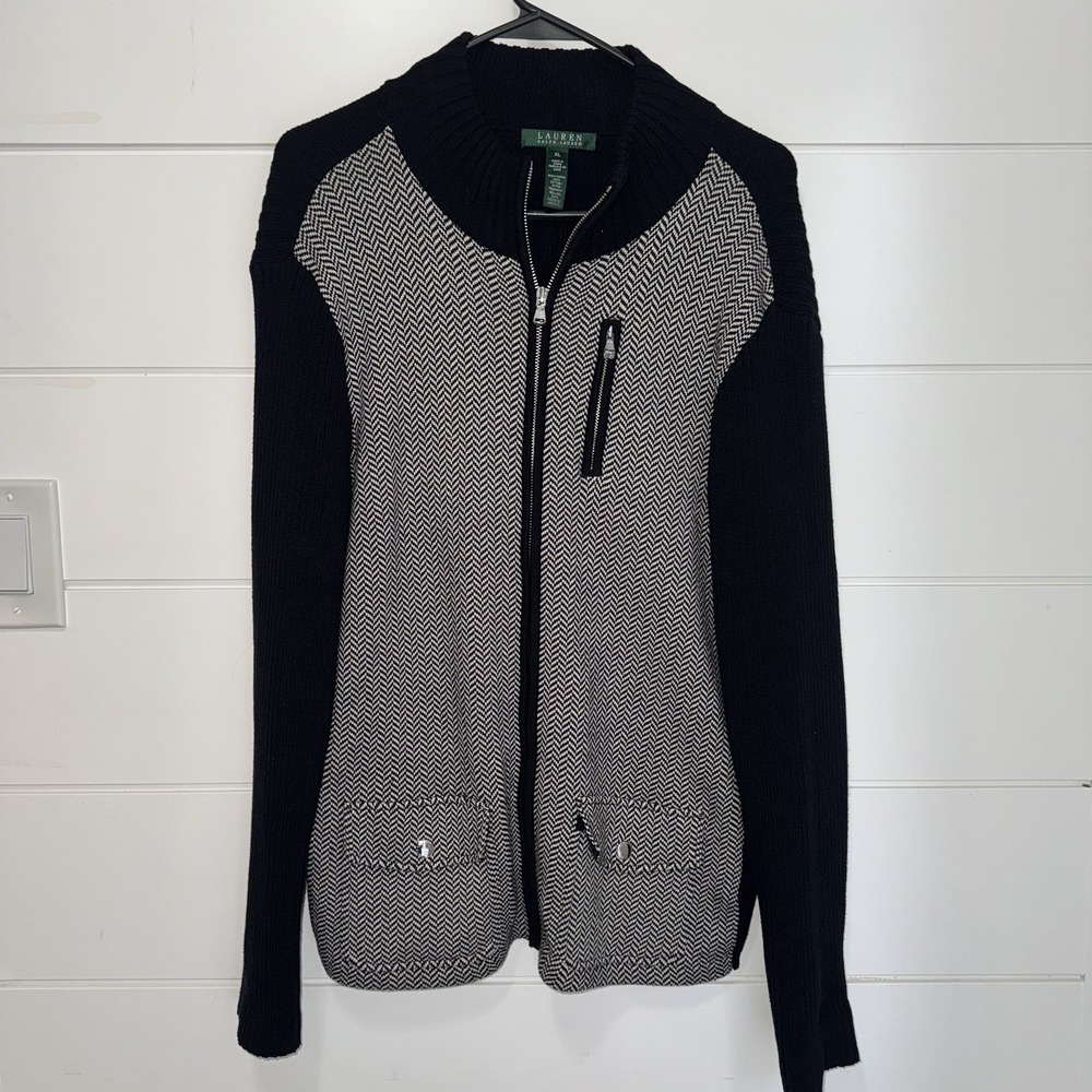 Lauren Ralph Lauren Black White Herringbone Zip Sweater Jacket XL Academia